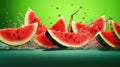 Water splashing on Sliced of watermelon on green background
