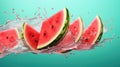 Water splashing on Sliced of watermelon on green background