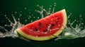 Water splashing on Sliced of watermelon on green background