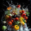 Water splashing on vegetables and fruits