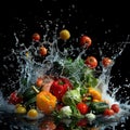 Water splashing on vegetables and fruits