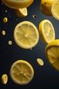 Water splashing on yellow sweet lemon slices isolated on black background. Macro. Close up