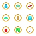 Water sport equipment icon set, cartoon style Royalty Free Stock Photo