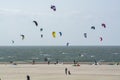 Water sport event, kite surfers race in North Sea near Renesse, Zeeland, Netherlands