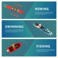 Water sport. Horizontal banners set. People recreation on a river. Flat style illustration. Royalty Free Stock Photo