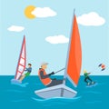 Water sport at sea, kite and surfing activity vector illustration. Extreme surfer people character have active fun at Royalty Free Stock Photo