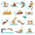 Water sport summer activities vector flat icons set Royalty Free Stock Photo