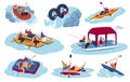 Water sport tourism vector illustration set, cartoon flat tourist sportman character riding boat or kayak, kayaking