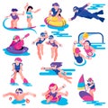 Water sport vector people character on vacation surfing on surf board illustration set of man woman kids character