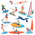 Water sport vector people in extreme activity or windsurfer and kitesurfer illustration set of sportsman characters