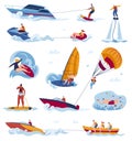 Water sports activity vector illustration set, cartoon flat sea beach entertainment collection of windsurfing Royalty Free Stock Photo