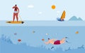 Water sports diving, surfing yachting and ski vector illustration. Swimming, sailing on summer vacation. Divers in sea