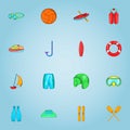 Water sports icons set, cartoon style Royalty Free Stock Photo