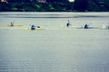 Water sports image, people rowing in canoe on river