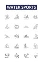 Water sports line vector icons and signs. Kayaking, Sailing, Windsurfing, Wakeboarding, Swimming, Scuba-diving, Canoeing