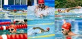 Water sports. Male professional swimmer in goggles and red swimming cap swimming at public pool, at open-air. Sport Royalty Free Stock Photo