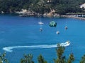 Parga tourist resort in west greece, valtos beach green waters in summer holidays