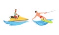 Water Sports Set, Man Water Skiing, Riding Wakeboard and Jet Ski Cartoon Vector Illustration Royalty Free Stock Photo