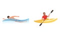 Water Sports Set, Young Men Swimming and Kayaking Cartoon Vector Illustration