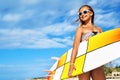 Water Sports. Surfing. Woman With Surfboard On Summer Holidays Vacations Royalty Free Stock Photo