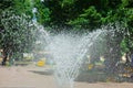 Water sprays and splashes of fountain in park or garden. Jets and drops of waterworks in summer day with green trees on background Royalty Free Stock Photo