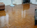 Water spreading / flooding on living room parquet floor in a house - damage caused by water leakage