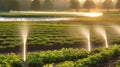 Water sprinkler system in the morning sun on a nursery plantation