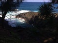 Water Stream Entering Pacific Ocean near Queen`s Bath in Princeville on Kauai Island, Hawaii.