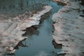 The water stream erodes ice in the spring