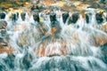 Water stream overflow through wooden weir in the river. Royalty Free Stock Photo