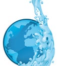 Water stream splashing a blue button with globe, Vector illustration