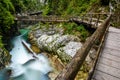 Water stream and wooden path in Vintgar gorge, Bled, Slovenia