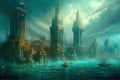 water sunken city legend mythology history civilization ancient Atlantis Illustration