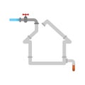 Water supply in house. Silhouette of home made of pipe. Sewerage in house