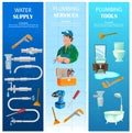 Water Supply, Plumbing Service with Tools Banners.