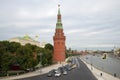 Water Supplying (Vodovzvodnaya) tower of the Moscow Kremlin and the Kremlin embankment in September on a cloudy day. Mos