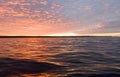 Water surface. View of a Sunset sky background. Dramatic gold sunset sky with evening sky clouds over the lake. Clear water