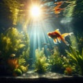 Goldfish swims around water tank filled with aquatic vegetation