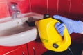 Water tap in detail with limescale close up soiled bathroom Calcified faucet. gloves for washing cleaning with steam