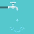 Water tap dripping with water drop and splash in flat style Royalty Free Stock Photo