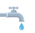 Water tap. Water faucet with drop. Flat tap with pipe and drip. Turn spigot of flow. Icon for house, economize and bathroom.