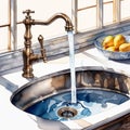 Water tap, faucet. Running water in kitchen with sink with sink. Modern clean house