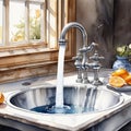 Water tap, faucet. Running water in kitchen with sink with sink. Modern clean house