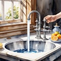 Water tap, faucet. Running water in kitchen with sink with sink. Modern clean house