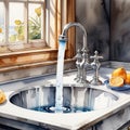 Water tap, faucet. Running water in kitchen with sink with sink. Modern clean house