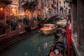 A water taxi passes under a small bridge on a narrow canal in Venice, Italy Royalty Free Stock Photo