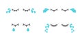 Water tears icon, cry eyes, cute character expression, woman emoji sad, blue tear drop set. Vector emotion illustration