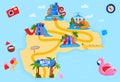 Water theme park vector illustration, cartoon flat amusement waterpark island map with water slides, hills tubes and