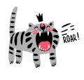 Water tiger is chinese zodiac symbol of 2022 year. Striped grey kitty with crown and roaring muzzle.