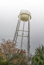 Water tower against dreary sky with foliage in foreground